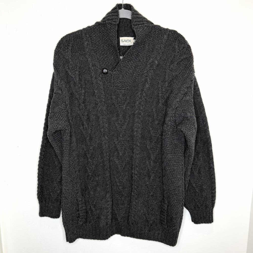 Saol Ireland Merino Wool Sweater Men’s XXL Dark Gray Shawl Neck Button